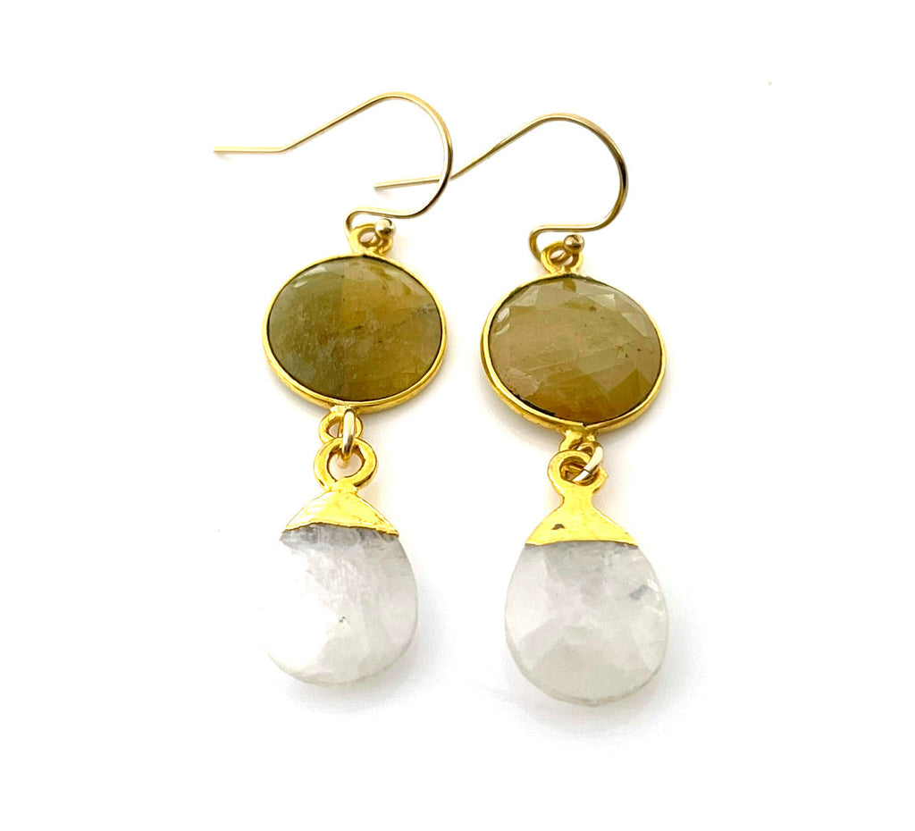 Golden Sapphire & Moonstone Bezel Drop Earrings – 14k Gold Filled – Handmade in Raleigh NC – Gift-Boxed Jewelry