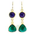 Boucles d'oreilles pendantes améthyste et quartz hydro vert serties – Rempli or 14 carats – Fabriquées à la main à Raleigh NC – 3,8 cm Livrées dans un coffret cadeau