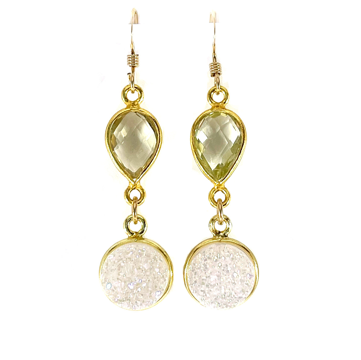 Boucles d'oreilles pendantes Quartz Citron et Druzy Blanc – Or 14k Rempli – Fait main à Raleigh NC – Bijoux de 3,8 cm livrés dans un coffret