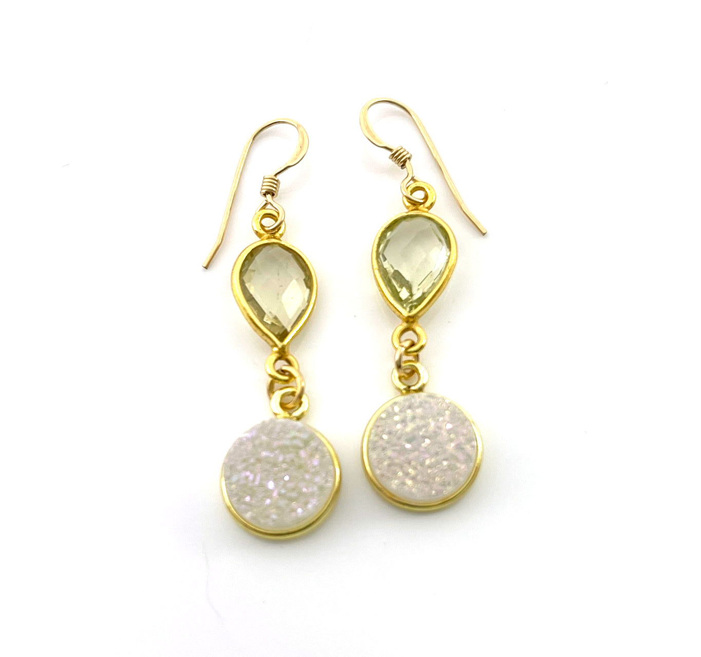 Boucles d'oreilles pendantes Quartz Citron et Druzy Blanc – Or 14k Rempli – Fait main à Raleigh NC – Bijoux de 3,8 cm livrés dans un coffret