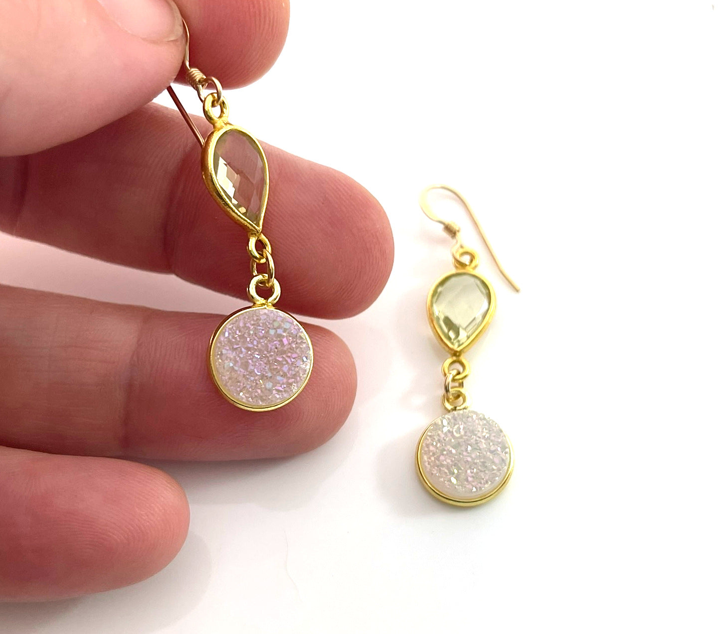 Boucles d'oreilles pendantes Quartz Citron et Druzy Blanc – Or 14k Rempli – Fait main à Raleigh NC – Bijoux de 3,8 cm livrés dans un coffret