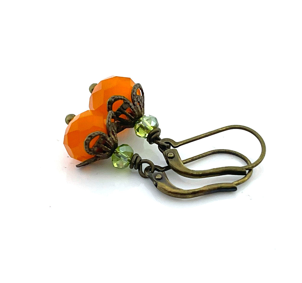 Boucles d'oreilles citrouille en verre de Bohême – Boucles d'oreilles pendantes en cristal orange et vert