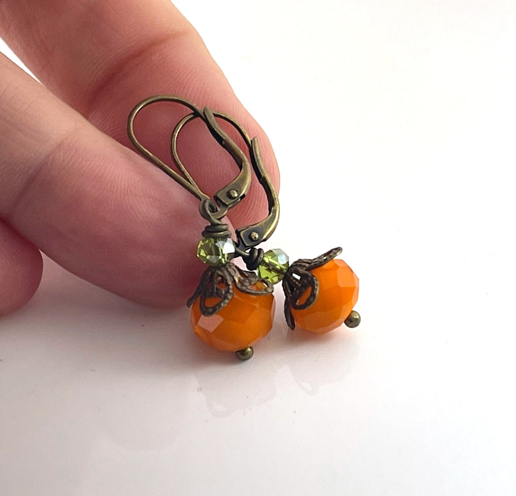 Boucles d'oreilles citrouille en verre de Bohême – Boucles d'oreilles pendantes en cristal orange et vert