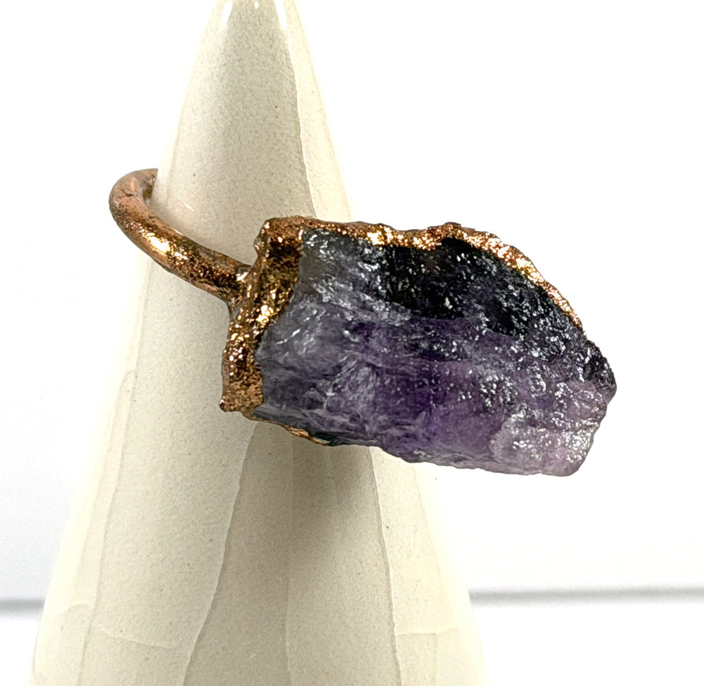 Bague en cuivre électroformé avec améthyste brute unique – Bague rustique en cristal – Taille 4