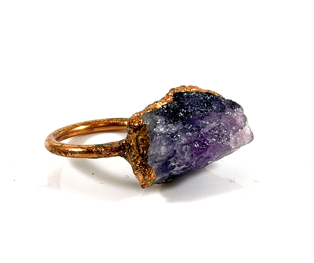 Bague en cuivre électroformé avec améthyste brute unique – Bague rustique en cristal – Taille 4