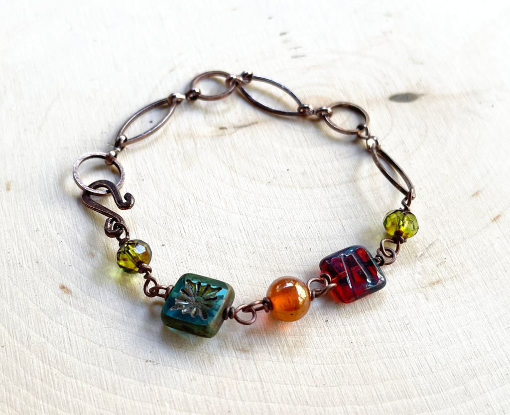 Upcycled Vintage Glass Bead and Copper Bracelet