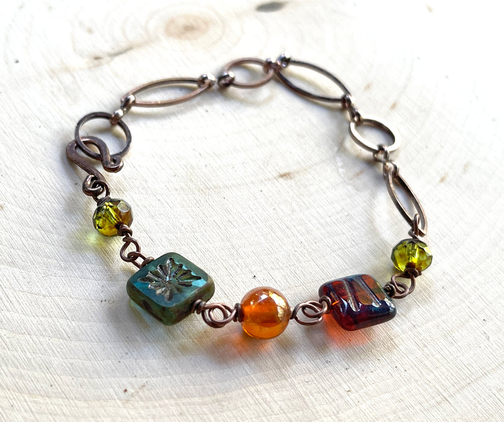 Upcycled Vintage Glass Bead and Copper Bracelet