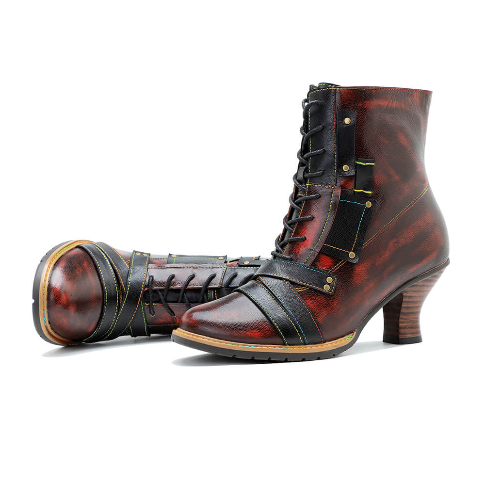 Bottes à talons hauts en cuir mélangé vintage faites à la main