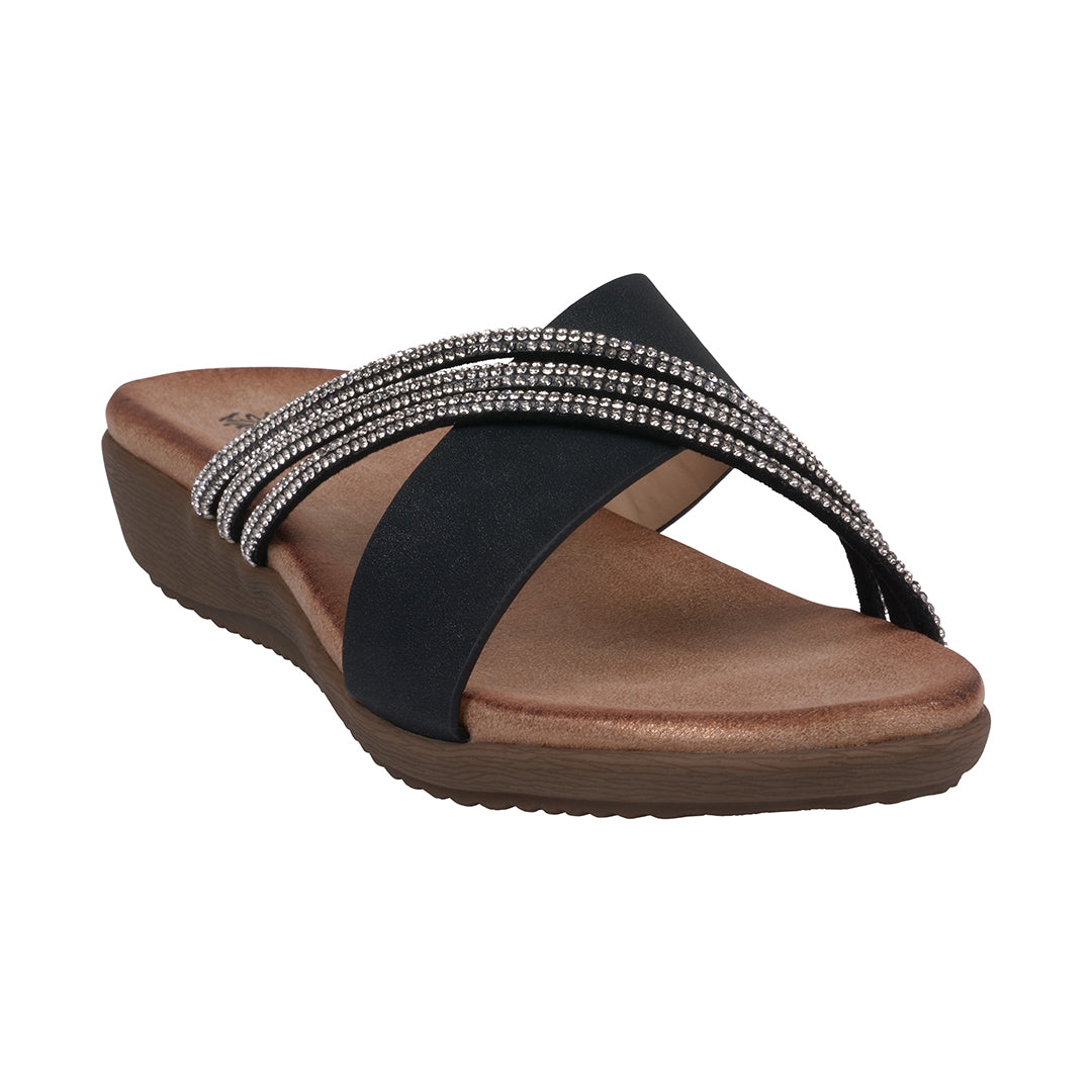 Sandales plates asymétriques Iris noires ornées pour femme