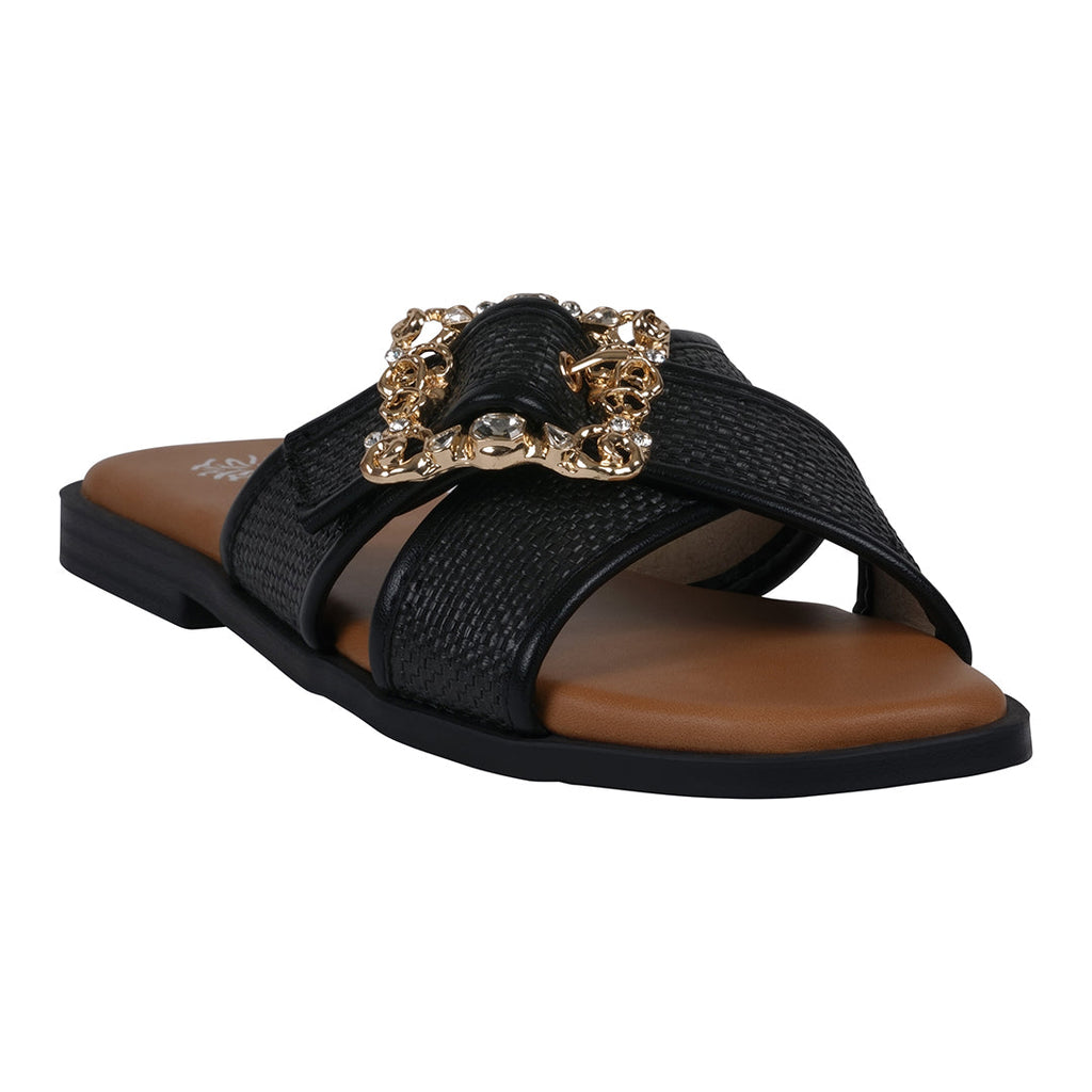Sandales plates tissées noires Ivy pour femme