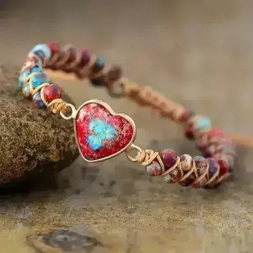 Bracelet en Jaspe Impérial – Jaspe Rouge Ancrage | Macramé Breloque Cœur