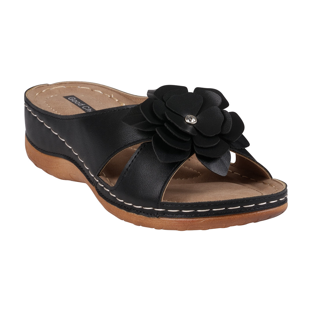 Sandales plates à fleurs noires Joy pour femme