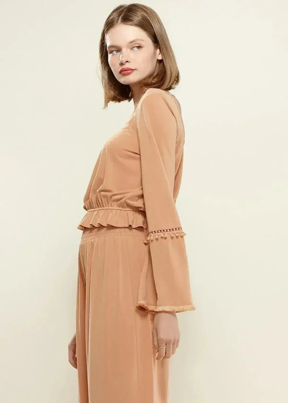 Haut à manches cloche à franges pour femme, couleur abricot