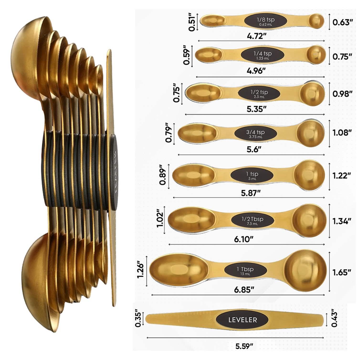 Ensemble de 8 cuillères doseuses magnétiques empilables en cuivre à double face avec niveleur