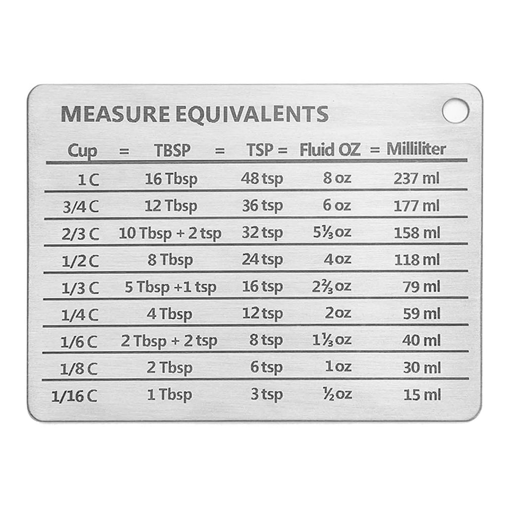 Tableau de Conversion de Mesure en Acier Inoxydable avec Aimant Puissant pour les Conversions de Tasses, Cuillères à Soupe, Cuillères à Café, Onces Liquides et Millilitres