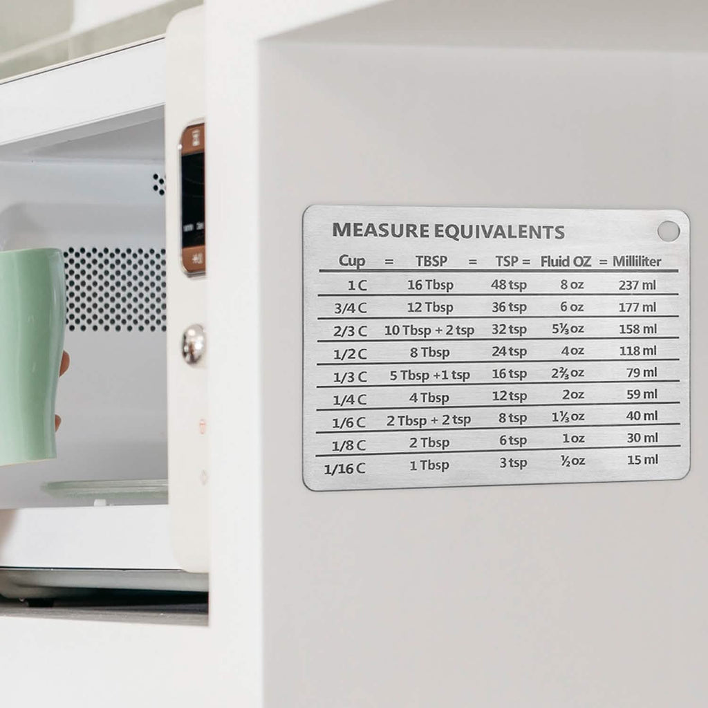 Tableau de Conversion de Mesure en Acier Inoxydable avec Aimant Puissant pour les Conversions de Tasses, Cuillères à Soupe, Cuillères à Café, Onces Liquides et Millilitres