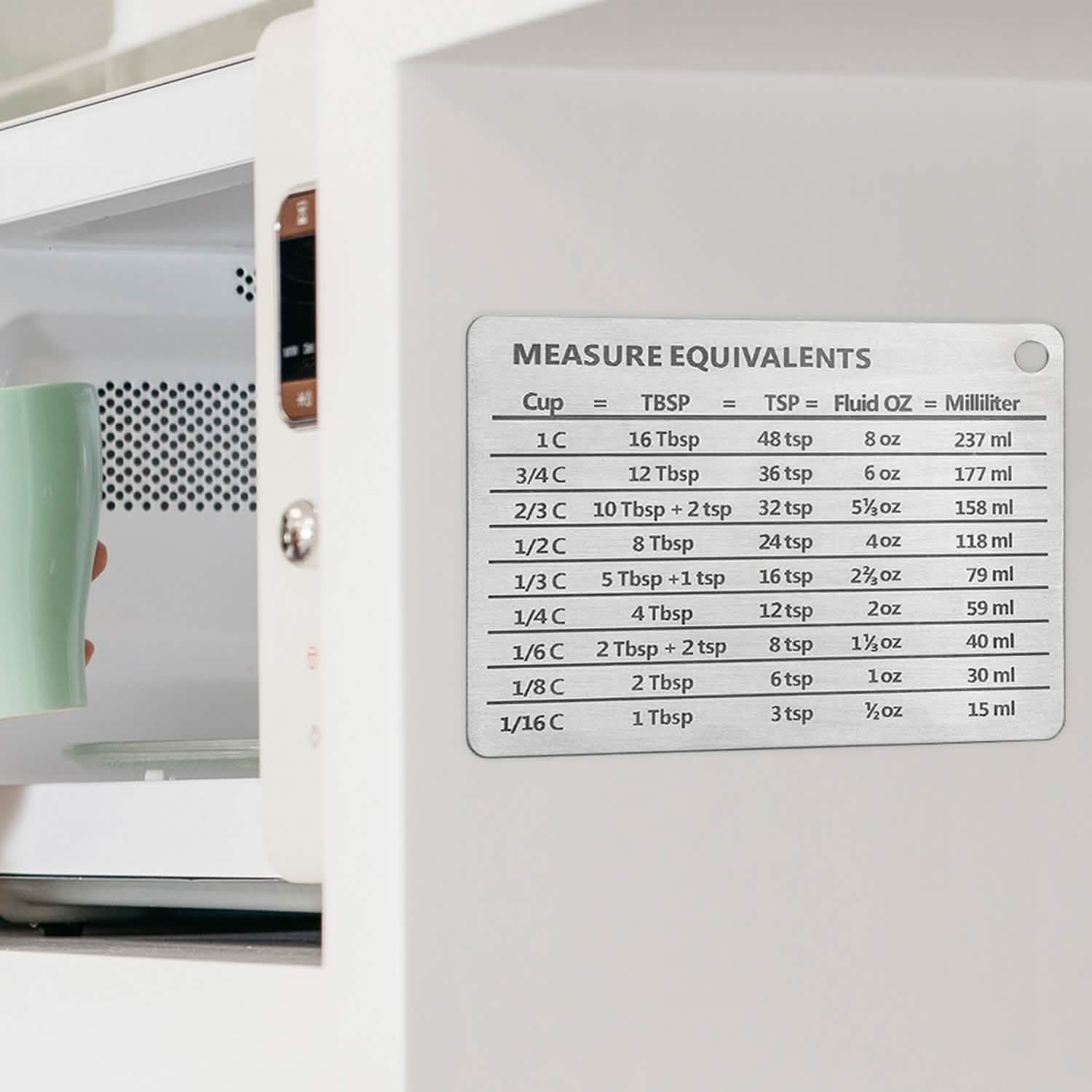 Tableau de Conversion de Mesure en Acier Inoxydable avec Aimant Puissant pour les Conversions de Tasses, Cuillères à Soupe, Cuillères à Café, Onces Liquides et Millilitres