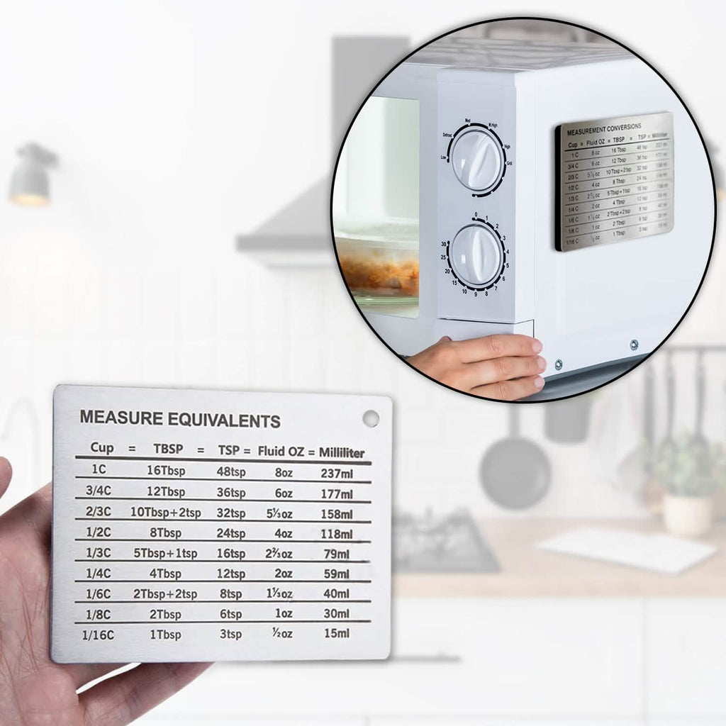 Tableau de Conversion de Mesure en Acier Inoxydable avec Aimant Puissant pour les Conversions de Tasses, Cuillères à Soupe, Cuillères à Café, Onces Liquides et Millilitres