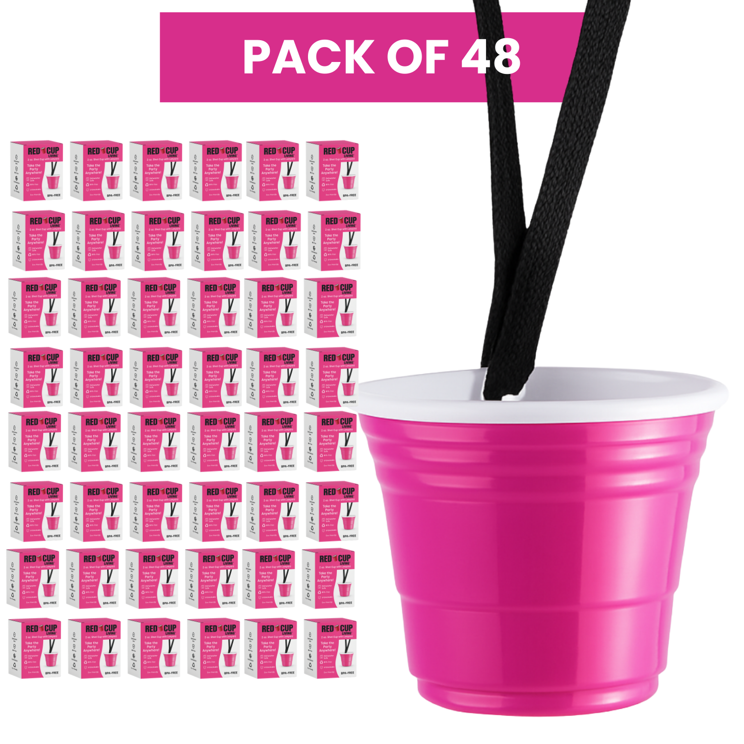 Gobelet à shot réutilisable en plastique rose de 60 ml avec cordon | Incassable, sans BPA | Parfait pour les fêtes, les barbecues et les sorties