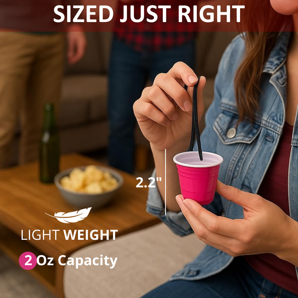Gobelet à shot réutilisable en plastique rose de 60 ml avec cordon | Incassable, sans BPA | Parfait pour les fêtes, les barbecues et les sorties