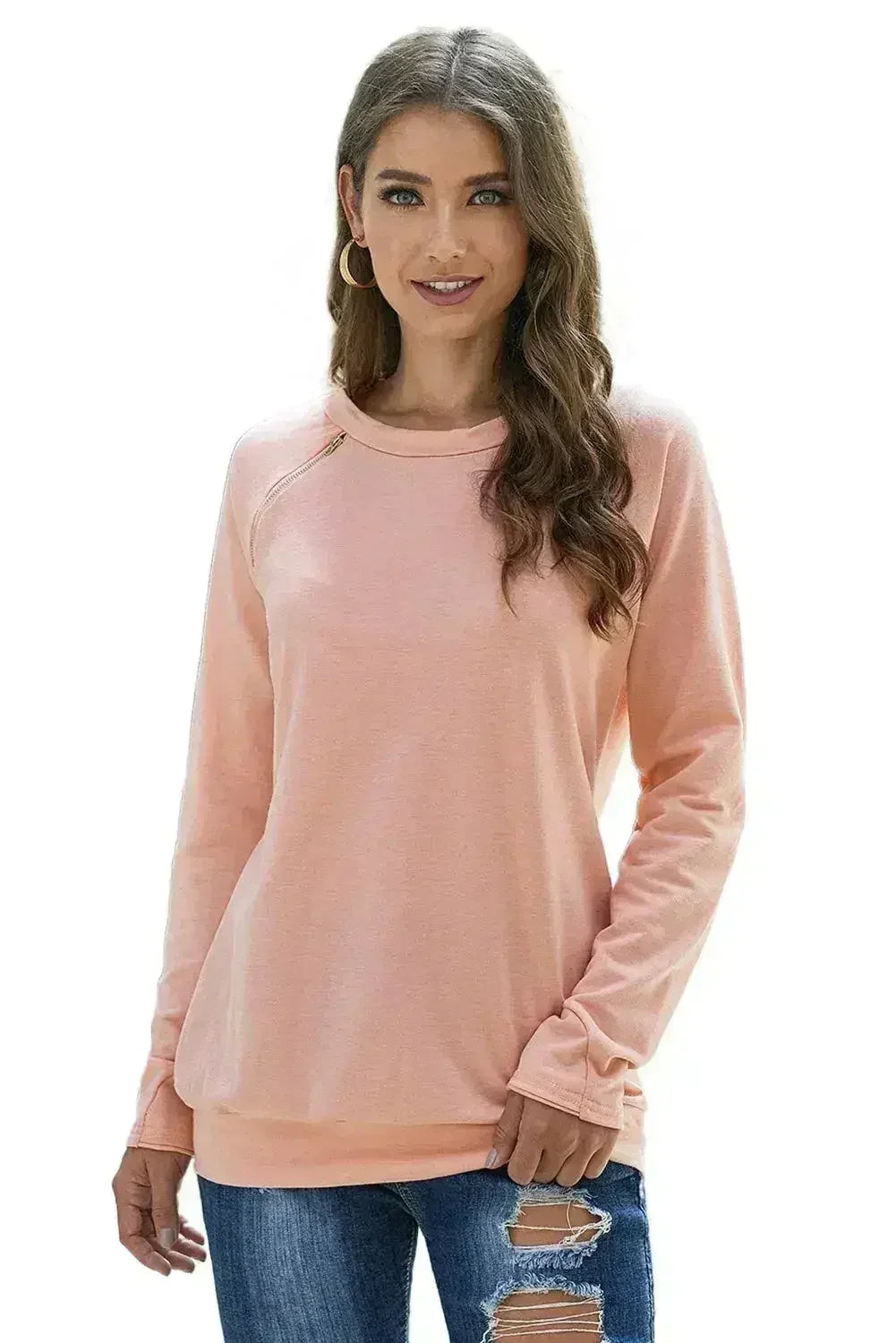 Sweat-shirt pull rose pour femme avec fermeture éclair dorée