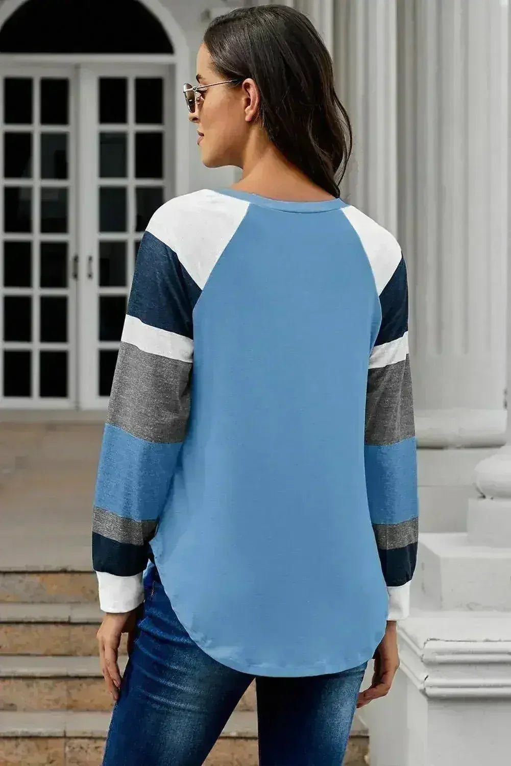 Haut pull femme à manches longues color block bleu