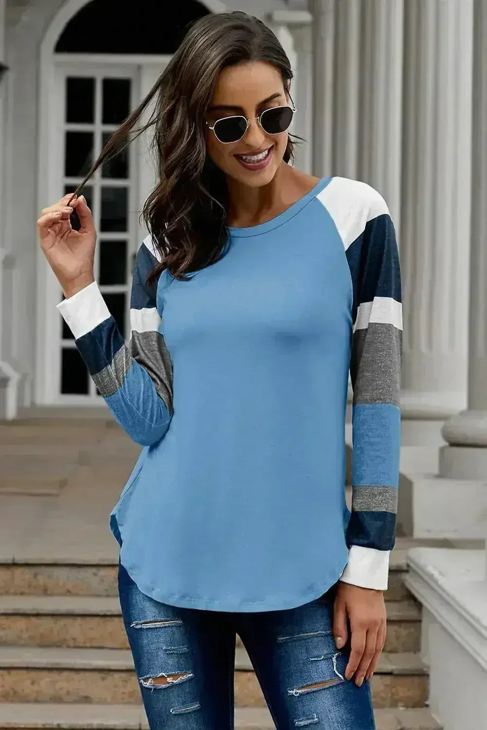 Haut pull femme à manches longues color block bleu