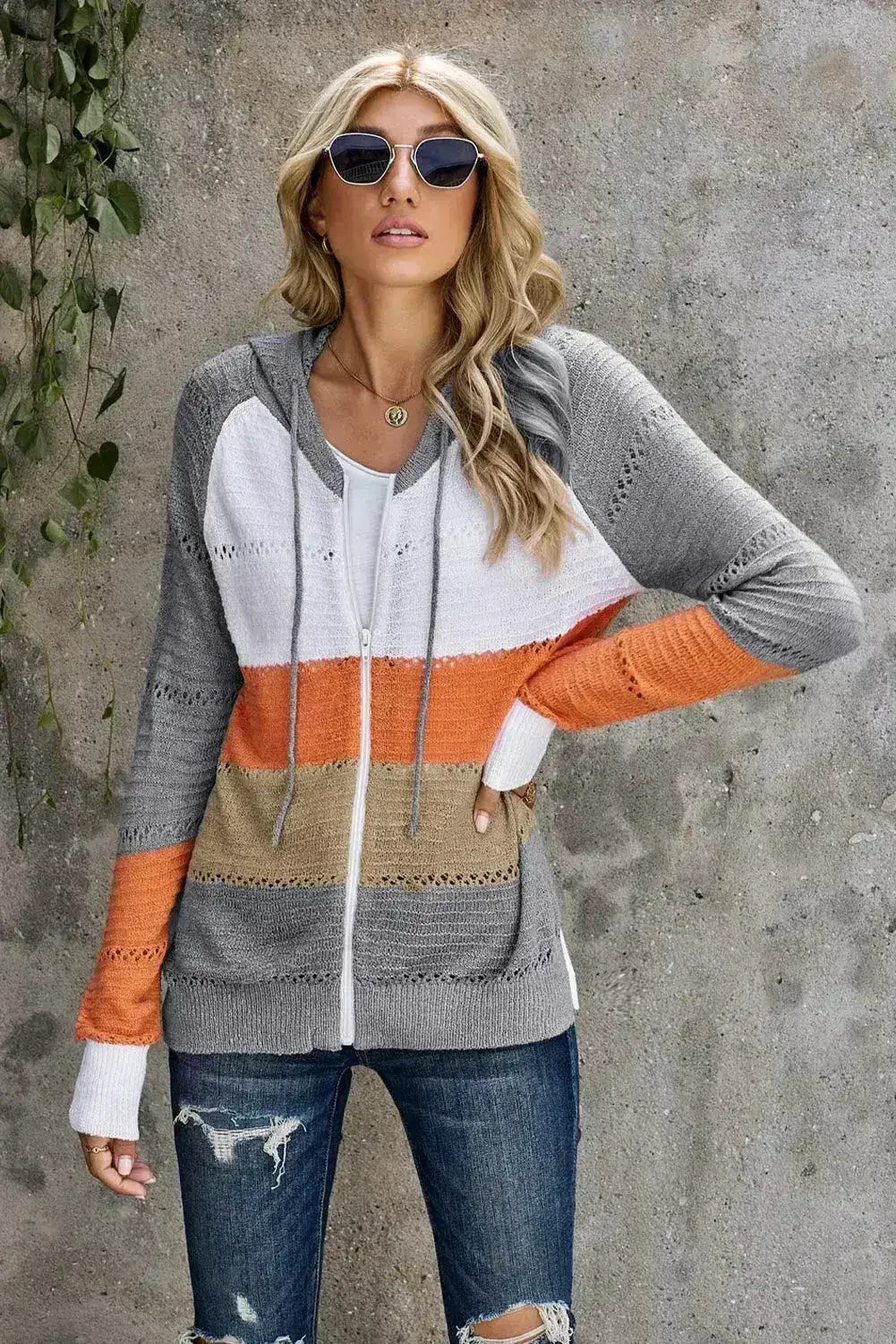 Sweat à capuche en maille ajourée Femme, Gris Colorblock, avec fermeture éclair frontale
