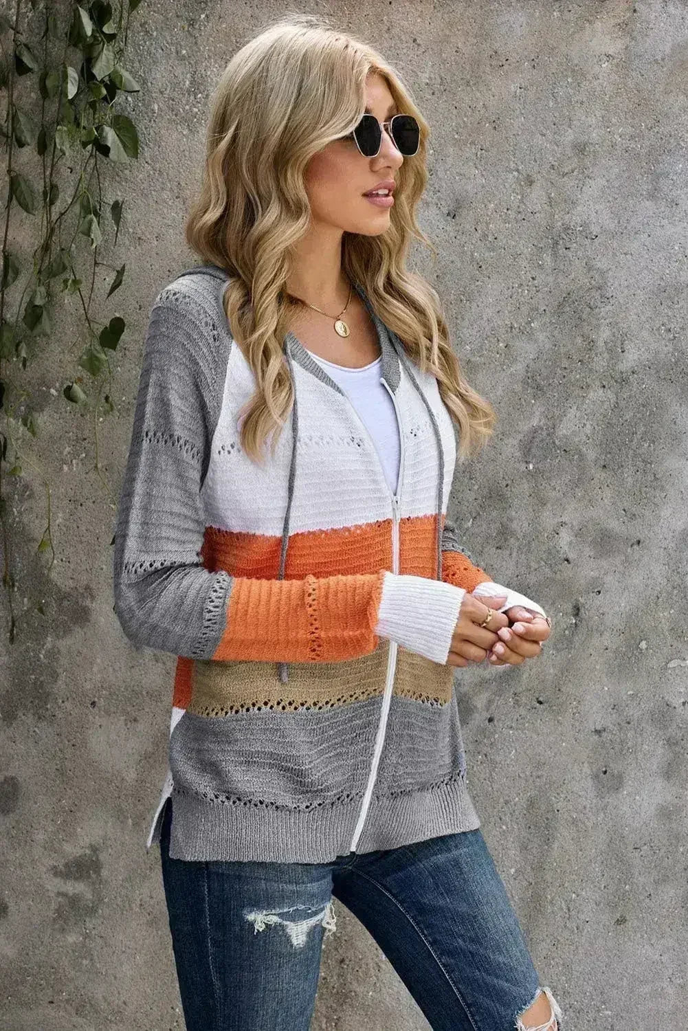 Sweat à capuche en maille ajourée Femme, Gris Colorblock, avec fermeture éclair frontale