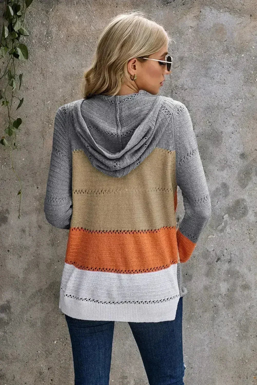 Sweat à capuche en maille ajourée Femme, Gris Colorblock, avec fermeture éclair frontale