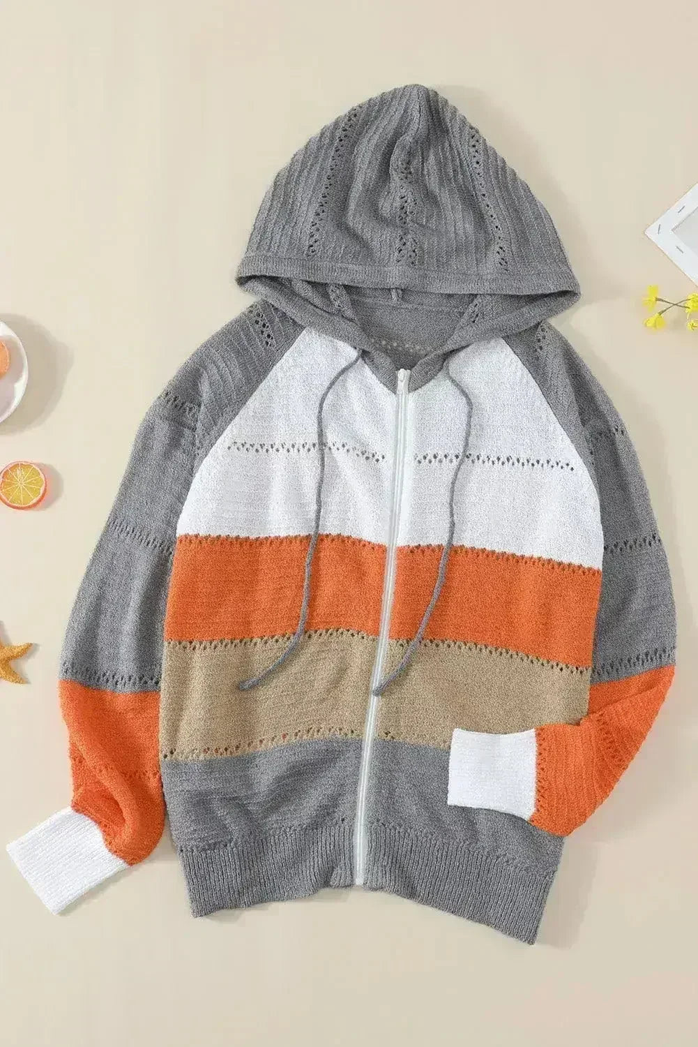 Sweat à capuche en maille ajourée Femme, Gris Colorblock, avec fermeture éclair frontale