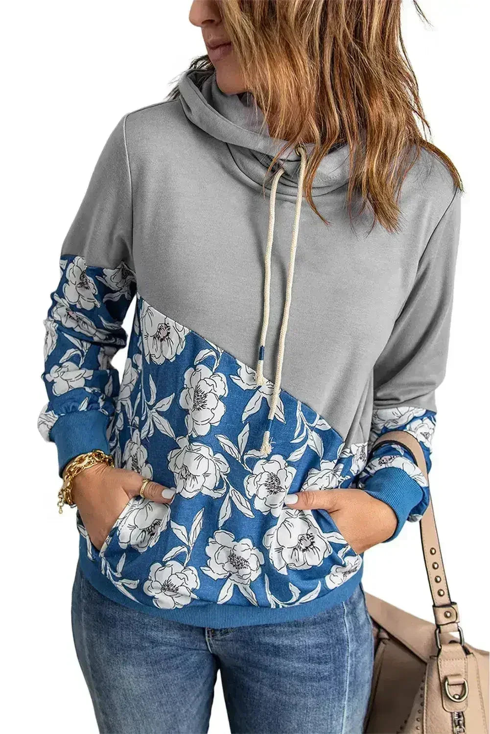 Sweat à capuche col bénitier à motifs floraux gris pour femme