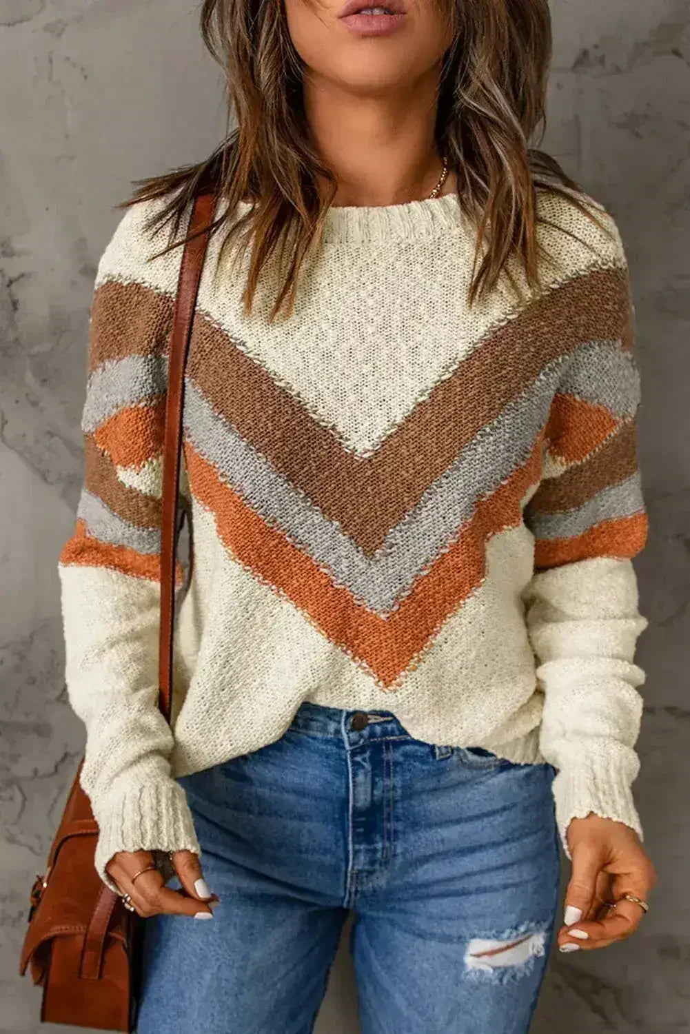 Pull à rayures chevrons beige