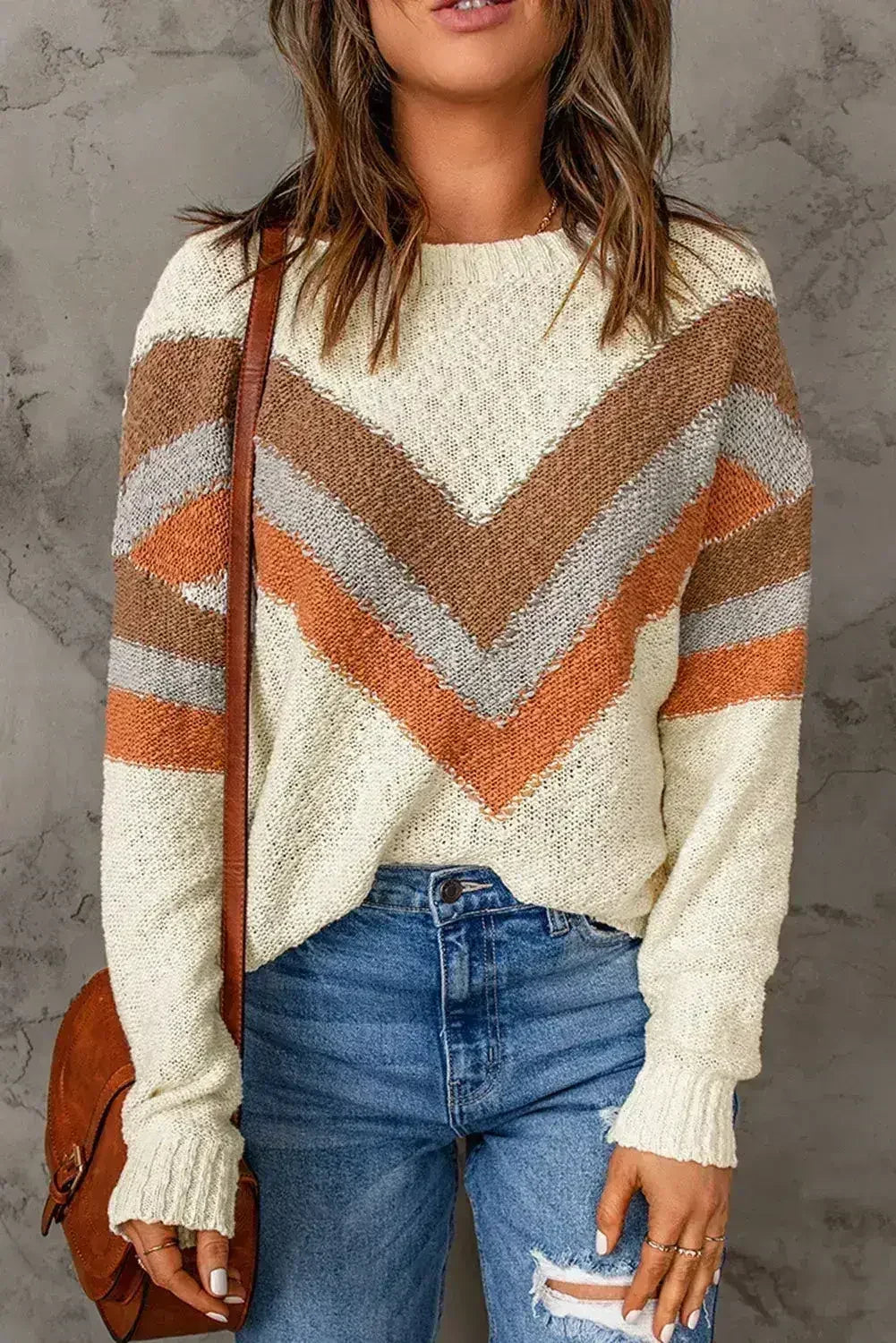 Pull à rayures chevrons beige