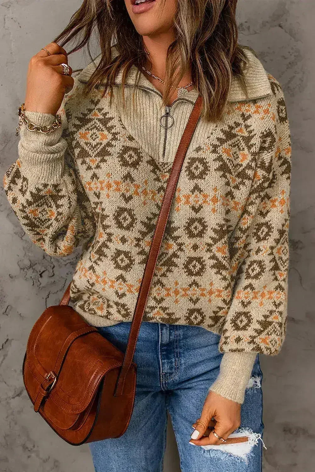 Pull zippé aztèque kaki