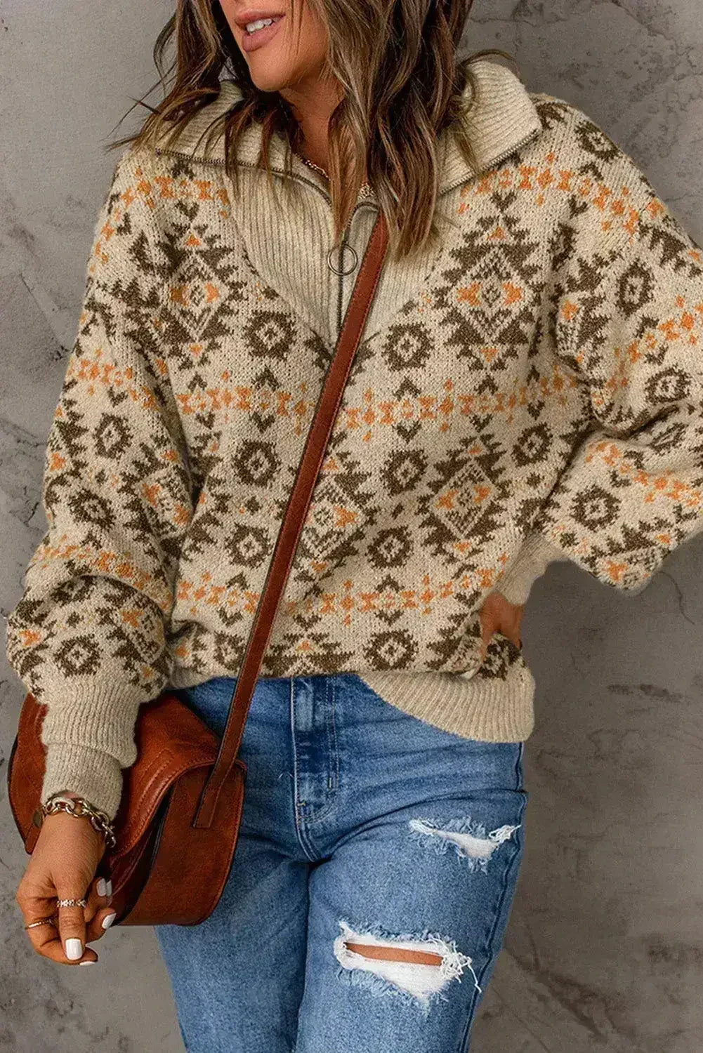 Pull zippé aztèque kaki