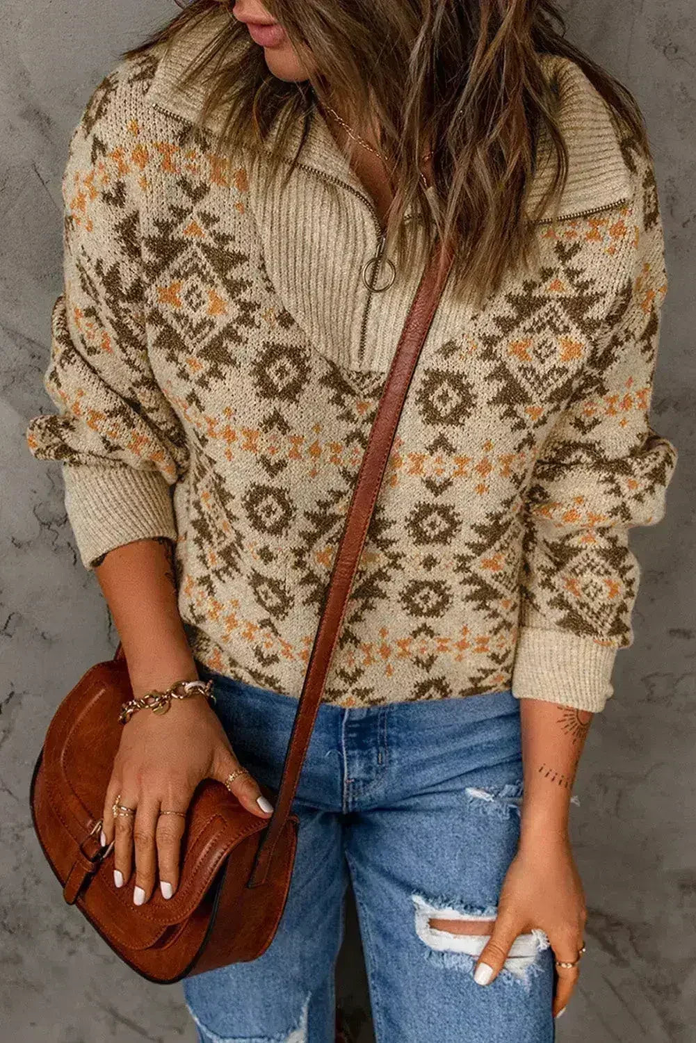 Pull zippé aztèque kaki