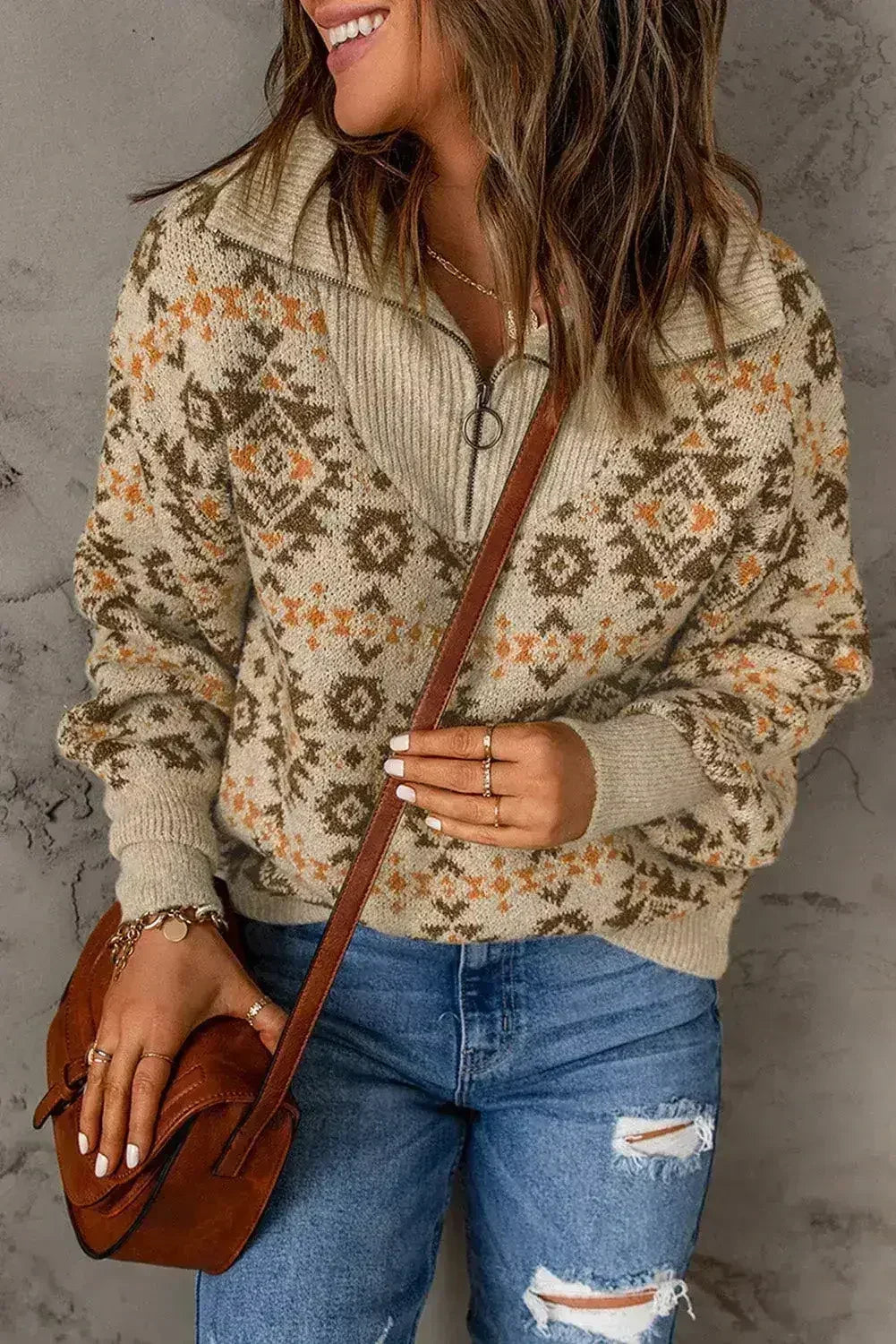 Pull zippé aztèque kaki