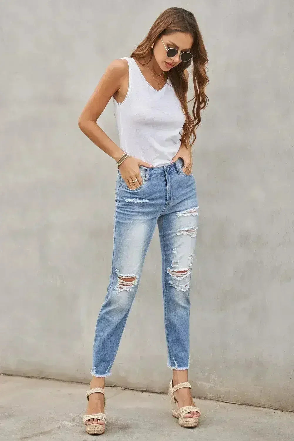 Pantalon en jean Boyfriend délavé bleu clair à la mode