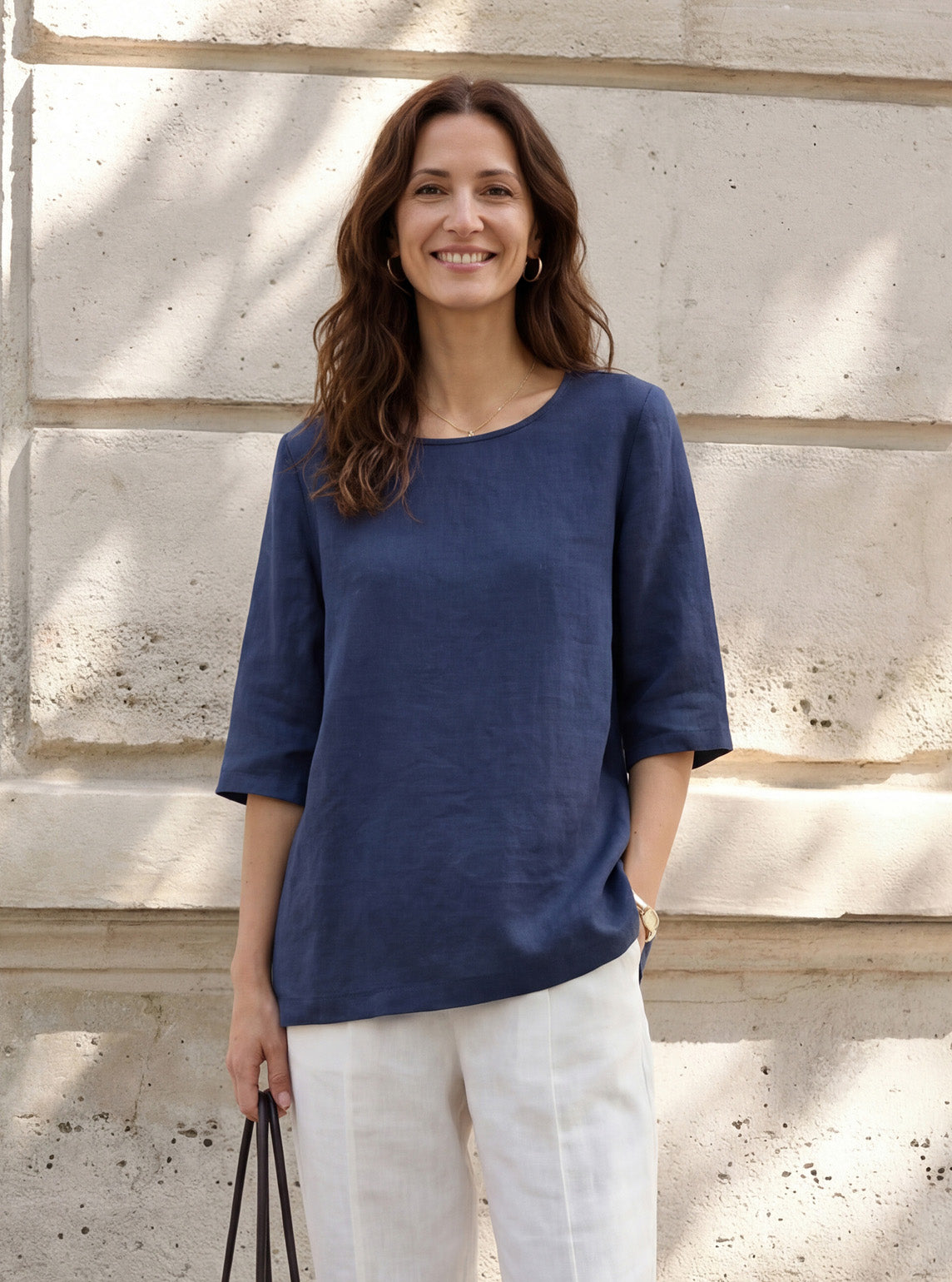 Haut boutonné décontracté en lin 100 % avec manches à pattes SYLVANA