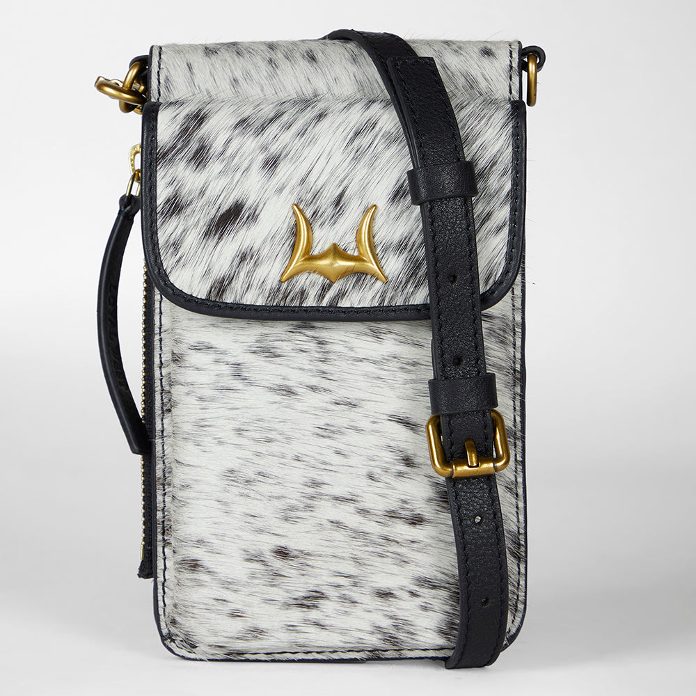 Sac pour téléphone Loyal West en cuir de vachette noir et blanc
