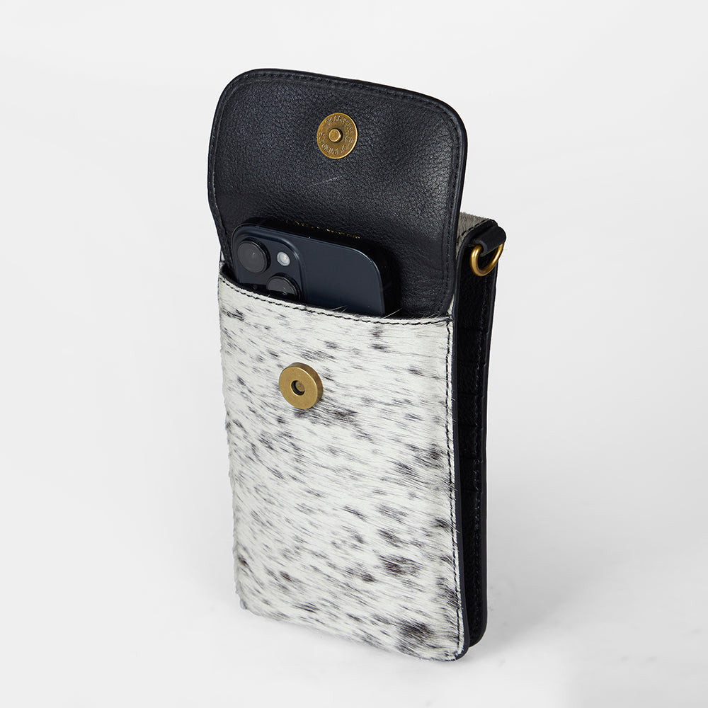 Sac pour téléphone Loyal West en cuir de vachette noir et blanc