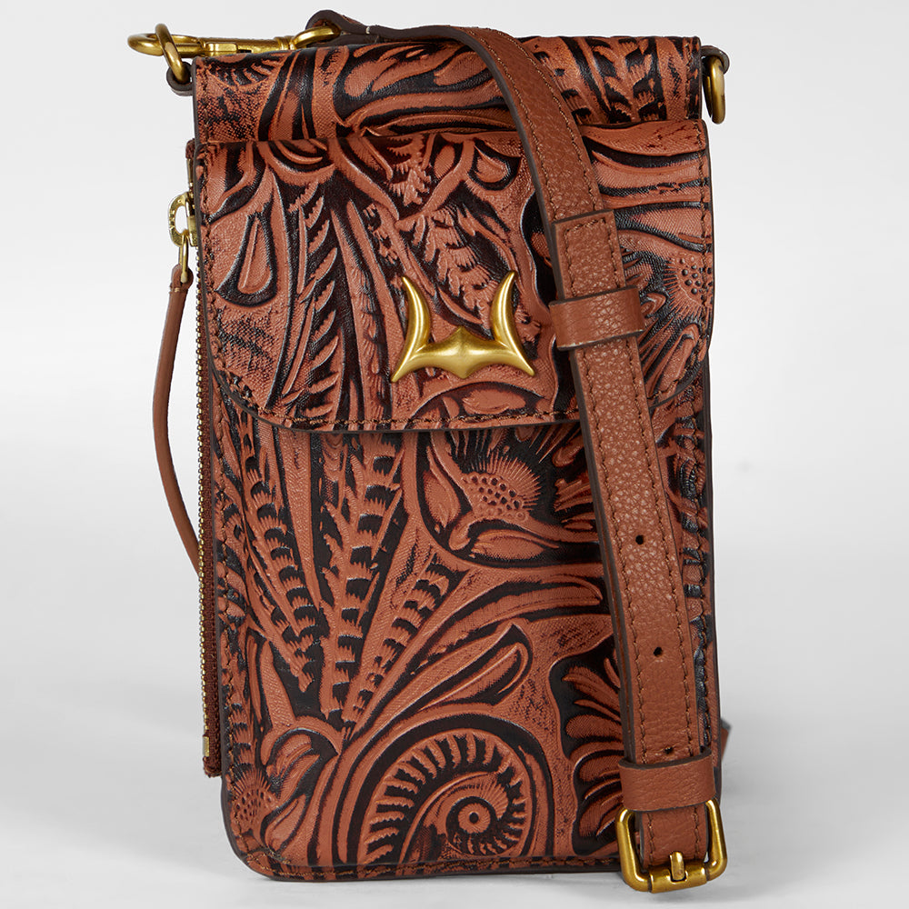 Loyal West SACOCHE TÉLÉPHONE EN CUIR GAUFRÉ FAIT MAIN - MARRON