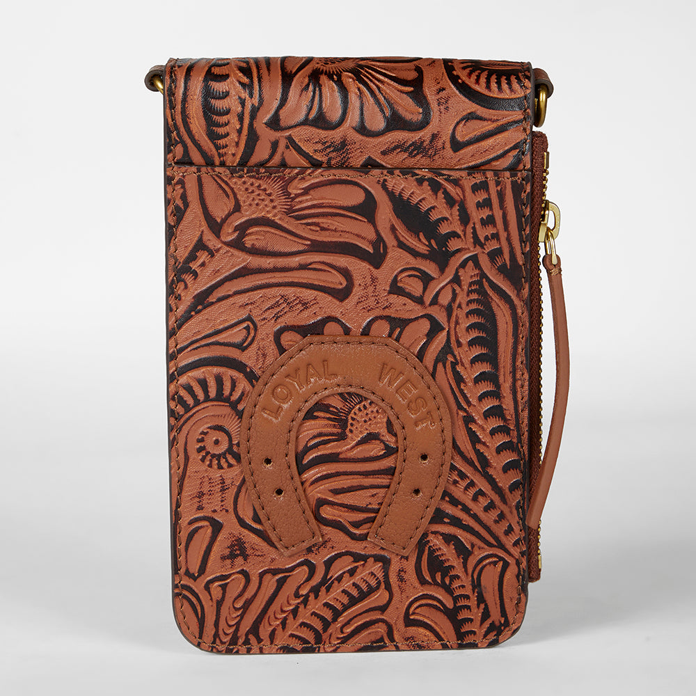 Loyal West SACOCHE TÉLÉPHONE EN CUIR GAUFRÉ FAIT MAIN - MARRON