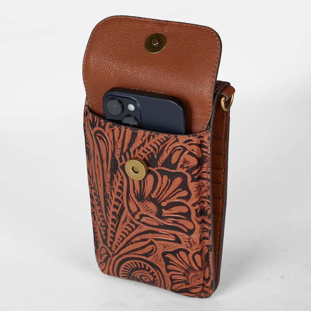Loyal West SACOCHE TÉLÉPHONE EN CUIR GAUFRÉ FAIT MAIN - MARRON