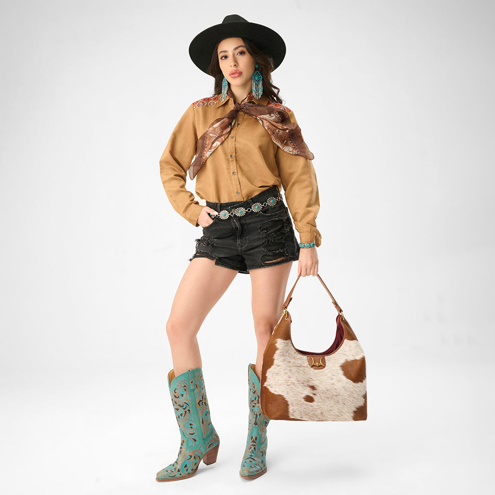 Loyal West LW GRAND PORTE-MONNAIE – EN CUIR VACHETTE ET VEAU BRUN ET BLANC