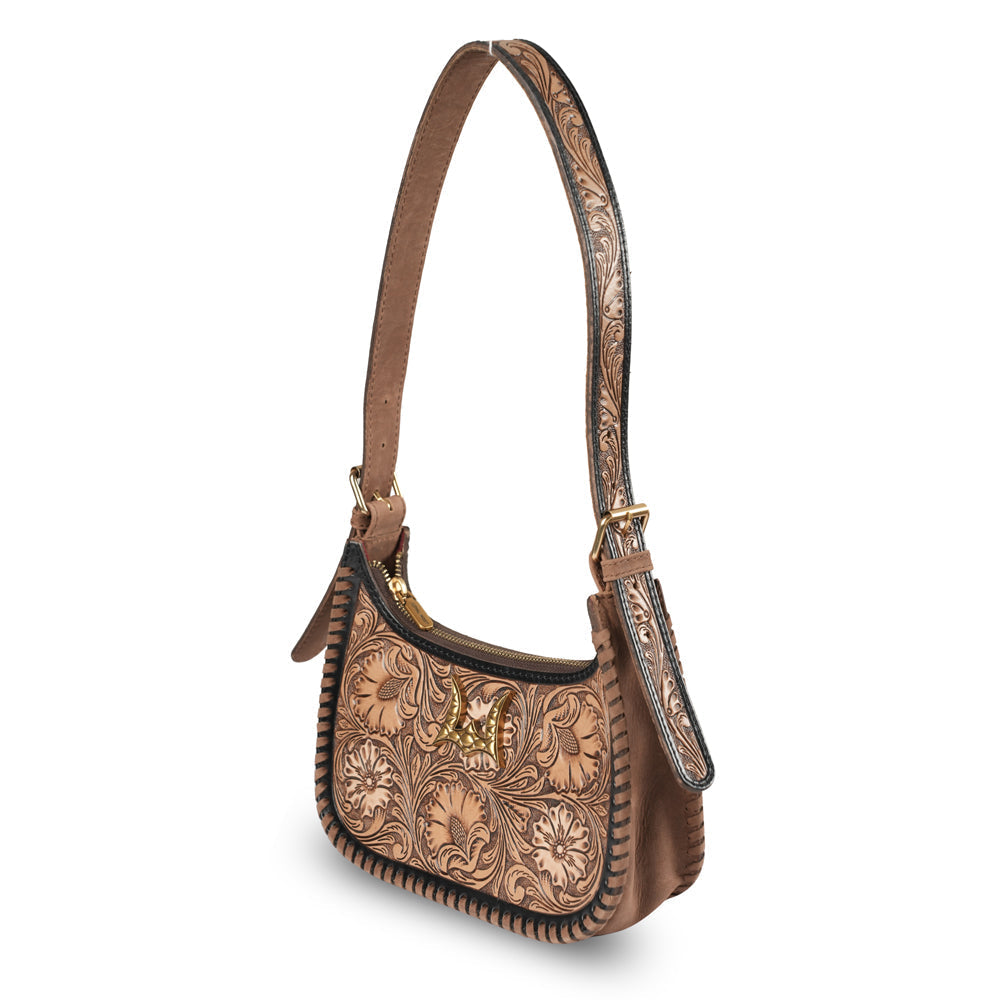 Sac moyen Dannia en cuir travaillé à la main - Marron vieilli