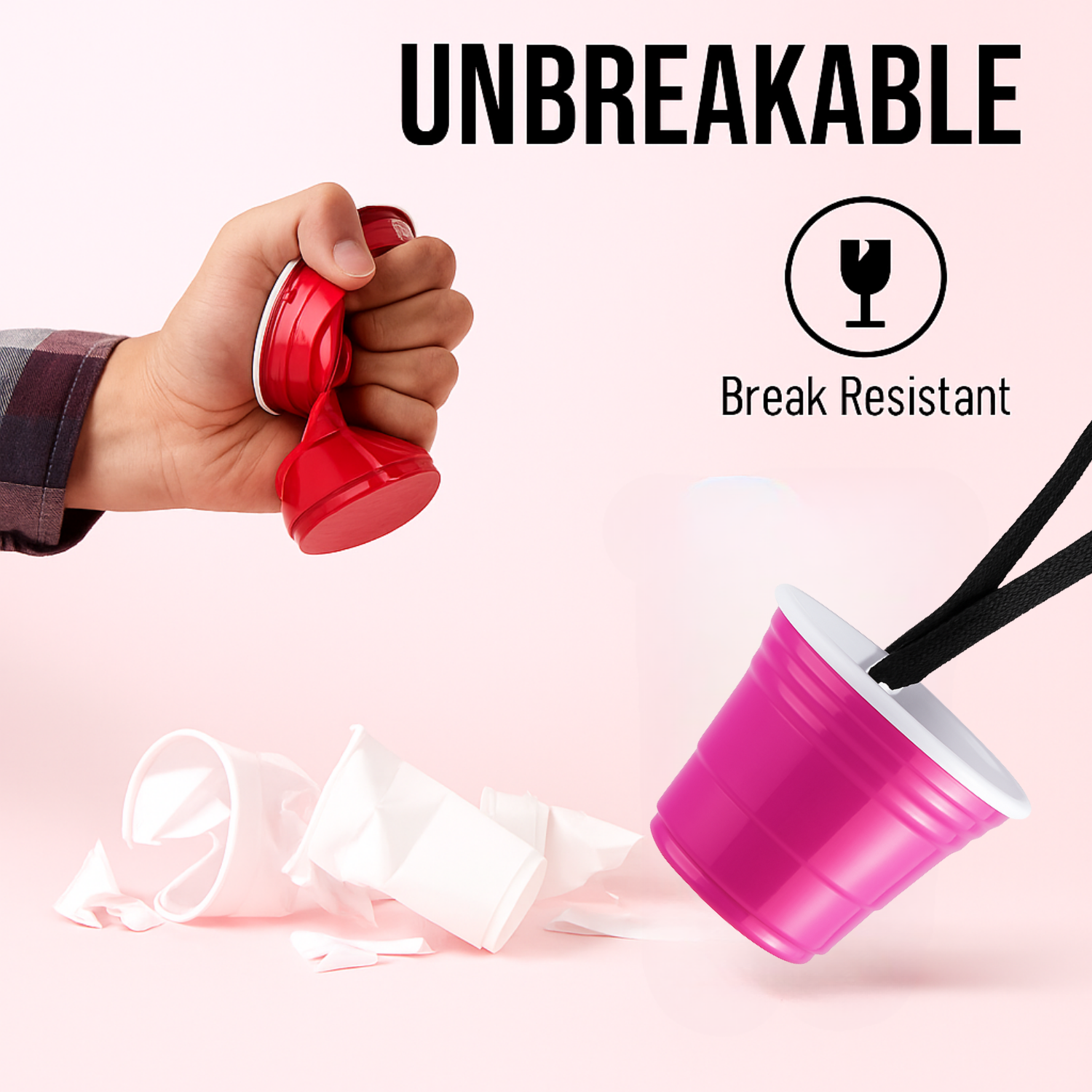 Gobelet à shot réutilisable en plastique rose de 60 ml avec cordon | Incassable, sans BPA | Parfait pour les fêtes, les barbecues et les sorties