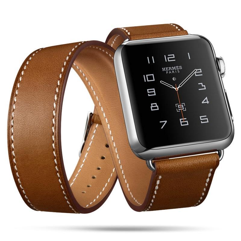 Bracelet de montre moderne en cuir souple et long avec sangle en métal de luxe pour hommes et femmes, double tour pour montre intelligente au design vintage de luxe