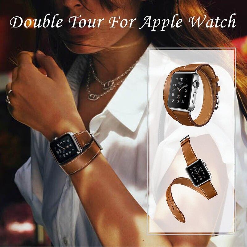 Bracelet de montre moderne en cuir souple et long avec sangle en métal de luxe pour hommes et femmes, double tour pour montre intelligente au design vintage de luxe
